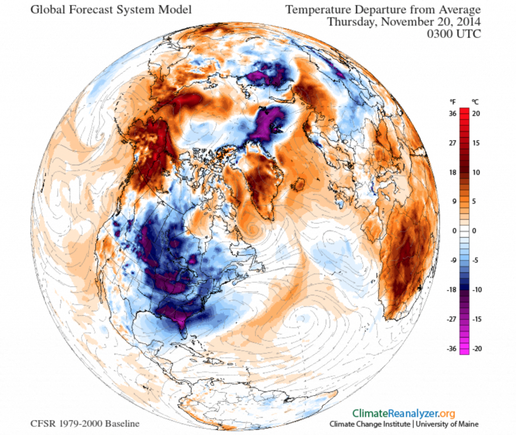North Hemisphere Temperature Anomaly map for November 20 shows huge area of below normal temperatures stretching from the Northern Prairies to Southern Florida with Alaska and Yukon balancing it out with warm temperatures.