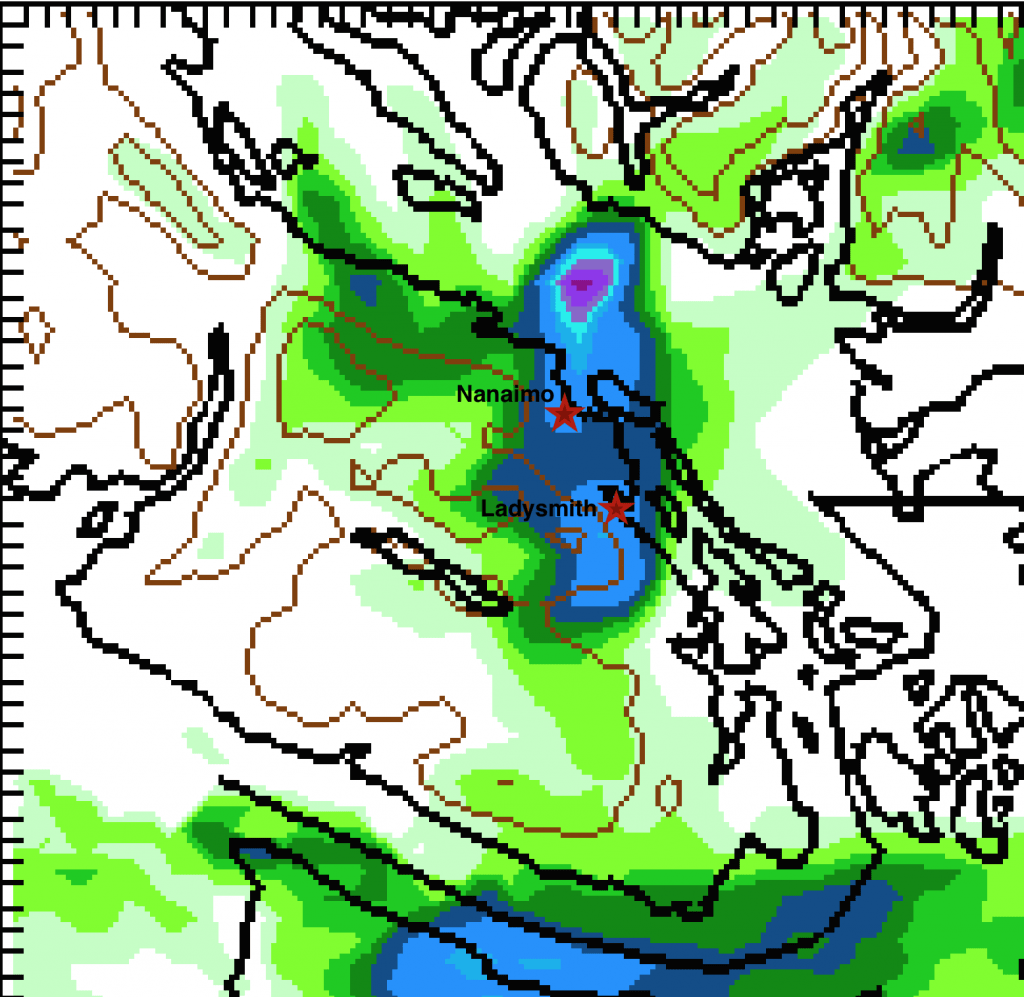 Snowfall Amount 4PM-4PM Friday/Saturday.  Centred in Nanaimo/Ladysmith areas