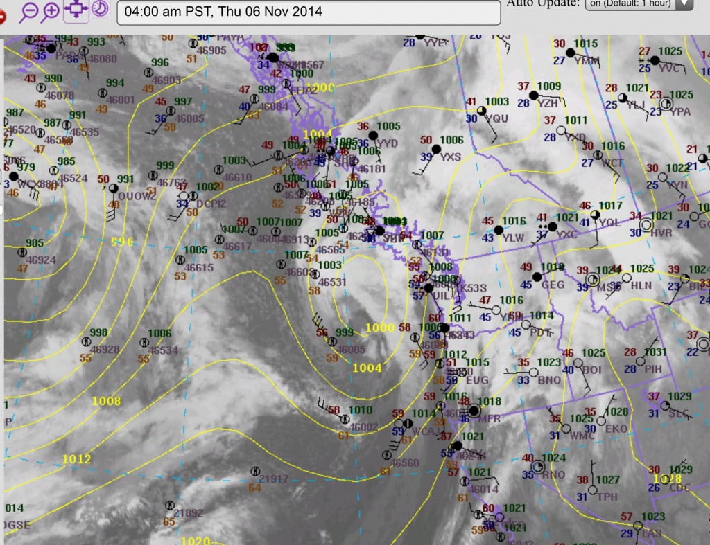 The 4AM satellite image shows the low approaching. It should track towards the northeast and come ashore near Gold River.