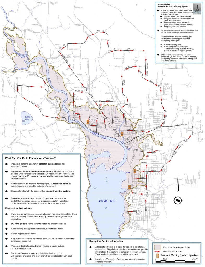 A large map of Port Alberni showing the Tsunami inundation zone below 20m